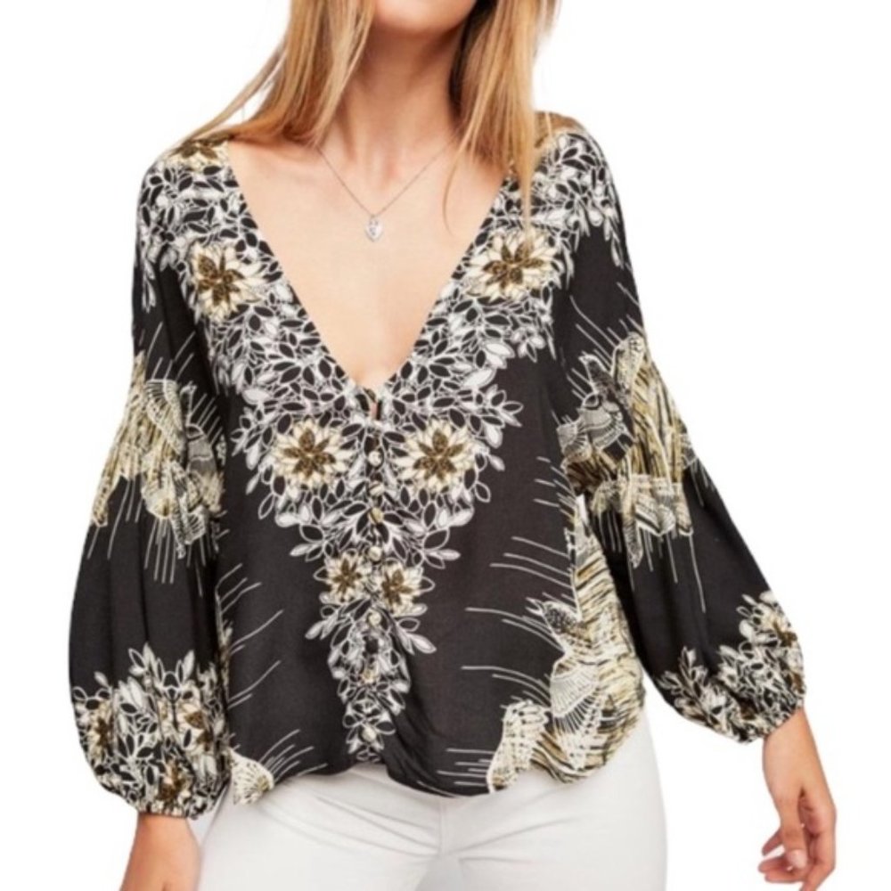 Free People Birds of a Feather Blouse Boho Floral V-Neck Peasant Top Size XS